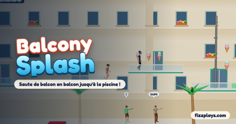 Balcony Splash : un touriste saute entre les balcons d'un hôtel de plage bordé de palmiers