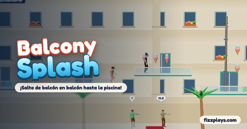 Balcony Splash: un turista salta entre los balcones de un hotel de playa con palmeras