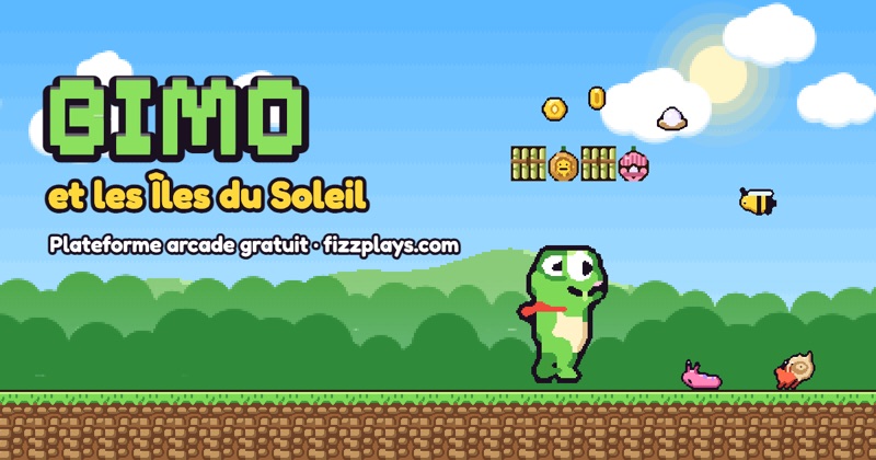 Bimo et les Îles du Soleil : une petite grenouille verte au foulard rouge saute près de totems du soleil dans une prairie