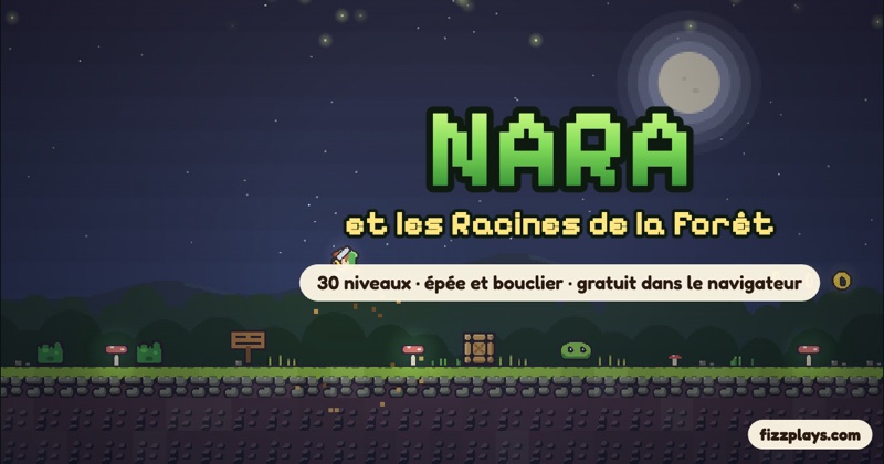 Nara et les Racines de la Forêt : une héroïne à capuche verte, avec épée et bouclier, dans une forêt de nuit