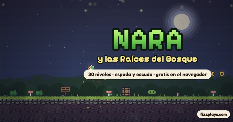 Nara y las Raíces del Bosque: una heroína con capucha verde, espada y escudo en un bosque de noche