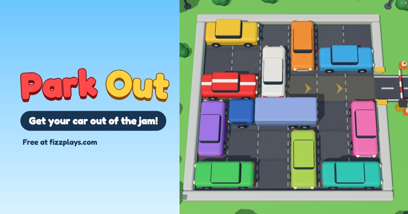 Park Out: a 3D parking lot with toy cars and the red car looking for the exit