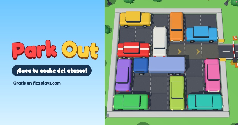 Park Out: aparcamiento 3D con coches de juguete y el coche rojo buscando la salida