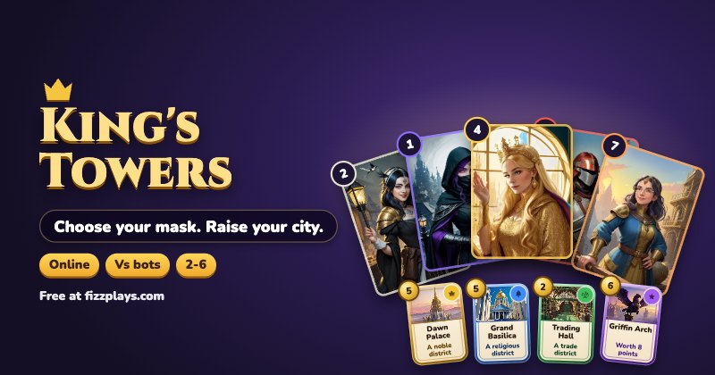 King's Towers: masked character cards and a crowned queen