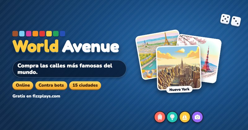 World Avenue: tablero de Madrid con la Puerta de Alcalá en el centro, dados y cartas